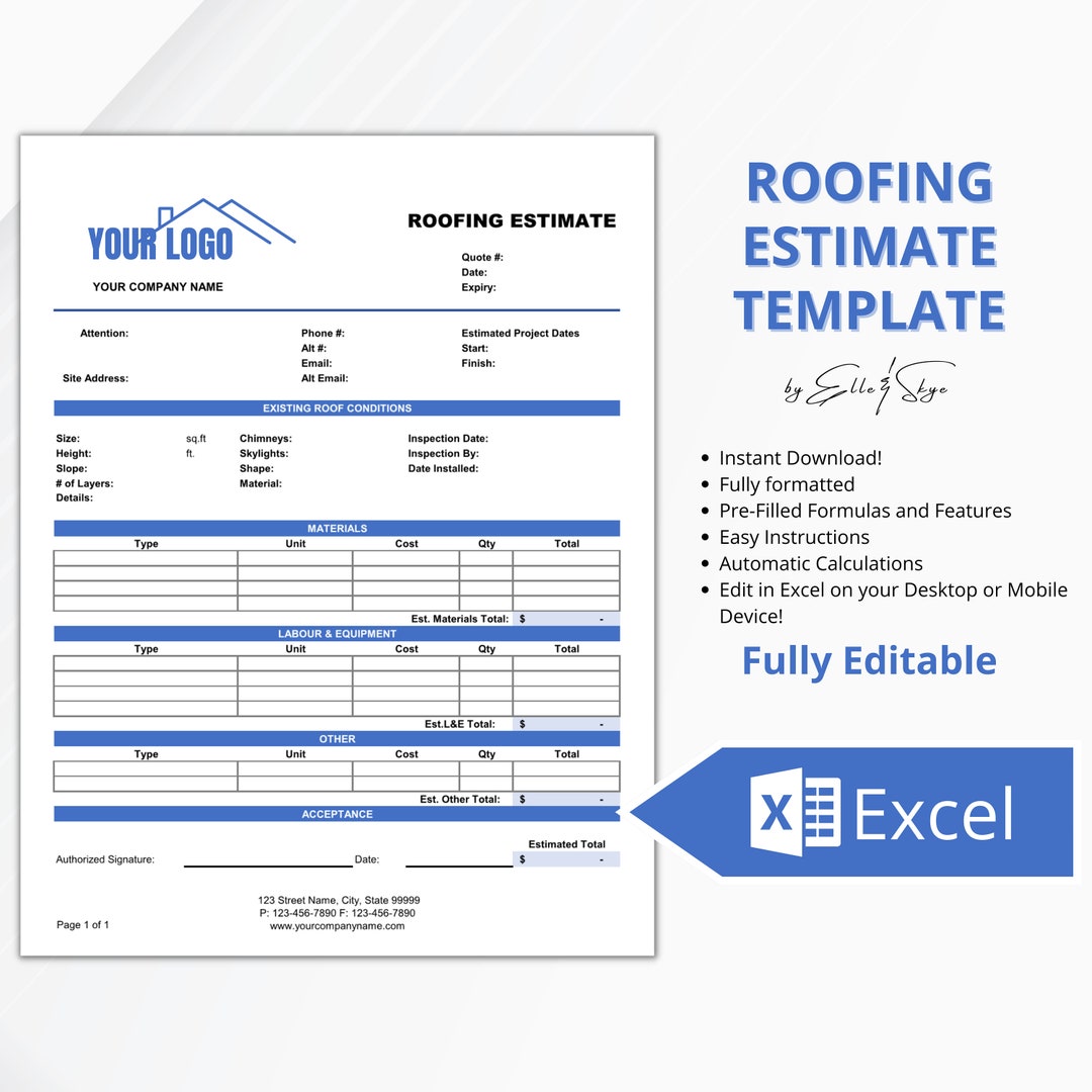 Excel Roofing Estimate Template Roofer Quote Template Simple Contractor