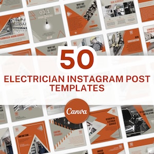 May include: A promotional image showcasing 50 electrician Instagram post templates. The design uses a palette of white, orange, and grey. Text includes "Electrician Instagram Post Templates" and various electrical service terms.