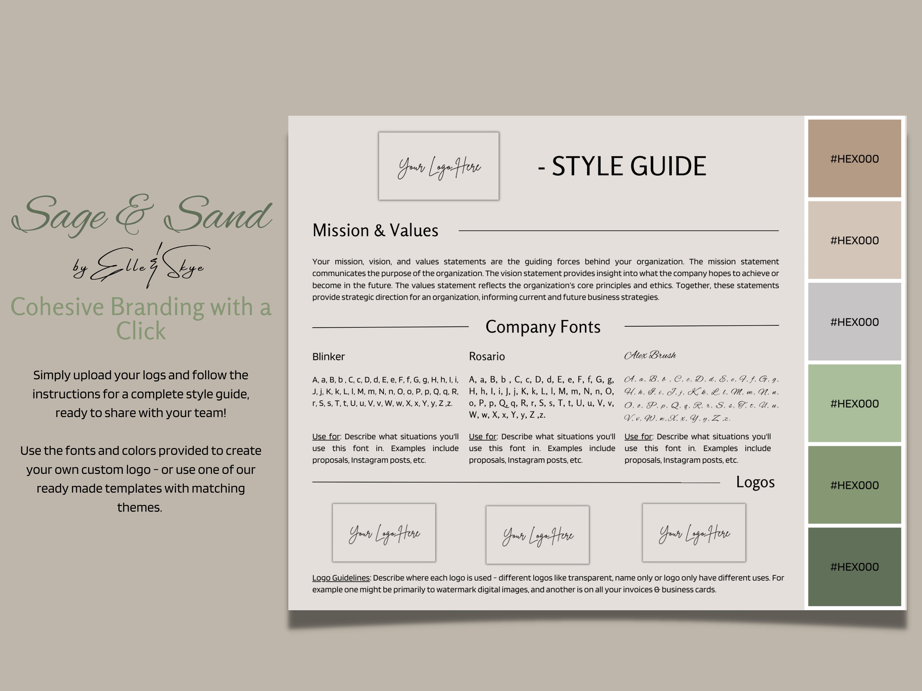Simple Style Guide Color Codes Sage and Sand Brand Palette, Editable Canva Colour Palette With Hex ...