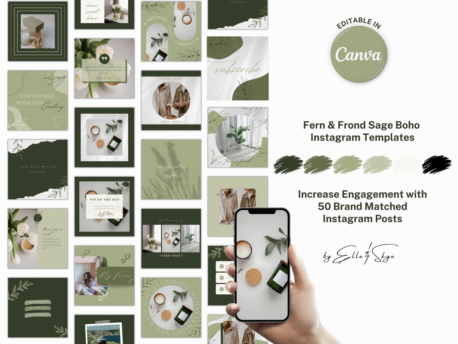 Boho Sage Green Instagram Post Templates for Canva | Minimalist ...