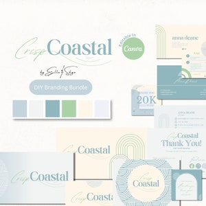 Brandingbundel Crisp Coastal DIY Canva-logosjablonen, bewerkbare visitekaartjes, bedankkaart, Instagram-berichten en hoogtepunten, YouTube-banner