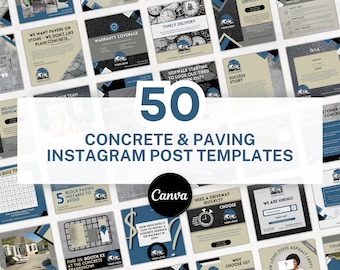 May include: A collage of 50 Instagram post templates for concrete and paving businesses. The templates feature a variety of designs, including images of concrete driveways, sidewalks, and patios, as well as text-based posts with tips and advice for customers. The templates are designed to be used with the Canva app.
