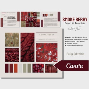 May include: A brand kit template for Smoke Berry, a brand with a toasty and traditional aesthetic. The template includes a color palette with red, brown, and gray tones, mood boards, and font recommendations. The template is fully editable and can be used in Canva.