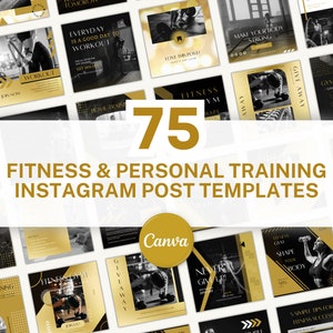 Puede incluir: Un collage de 75 plantillas de publicaciones de Instagram para fitness y entrenamiento personal. Las plantillas presentan un esquema de color negro y dorado con citas motivacionales e imágenes de personas haciendo ejercicio.