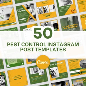 50 Pest Control Instagram Post Templates for Canva - Exterminator Business Instagram - Yellow and Green Canva Templates - Easy Social Media