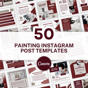 50 Gemälde Business Instagram Post-Vorlagen für Canva | Maler Instagram Vorlagen | Rot & Grau Social Media Canva Templates für Maler