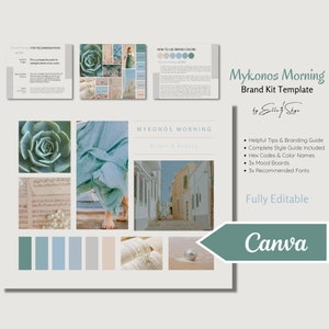 May include: A digital template for a Mykonos Morning brand kit, featuring a bright and beachy color palette, a photo of a whitewashed Greek street, and a list of features including a branding guide, mood boards, and recommended fonts. The template is fully editable and can be used in Canva.
