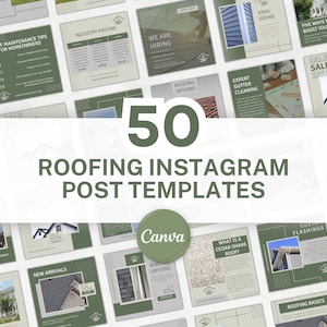 Puede incluir: Un collage de 50 plantillas de publicaciones de Instagram verdes y beige para empresas de techado. Las plantillas presentan imágenes de techos, casas y texto sobre servicios de techado. El texto "50 PLANTILLAS DE PUBLICACIONES DE INSTAGRAM PARA TECHOS" está en letras verdes grandes en el centro de la imagen. El texto "Canva" está en un círculo blanco con un borde verde en el centro inferior de la imagen.