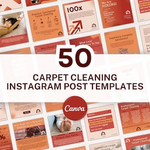 May include: A collage of 50 Instagram post templates for carpet cleaning businesses. The templates feature a variety of designs and colors, including red, orange, and white. The text "50 CARPET CLEANING INSTAGRAM POST TEMPLATES" is displayed in large, bold letters at the center of the image. The Canva logo is also visible in the center of the image.