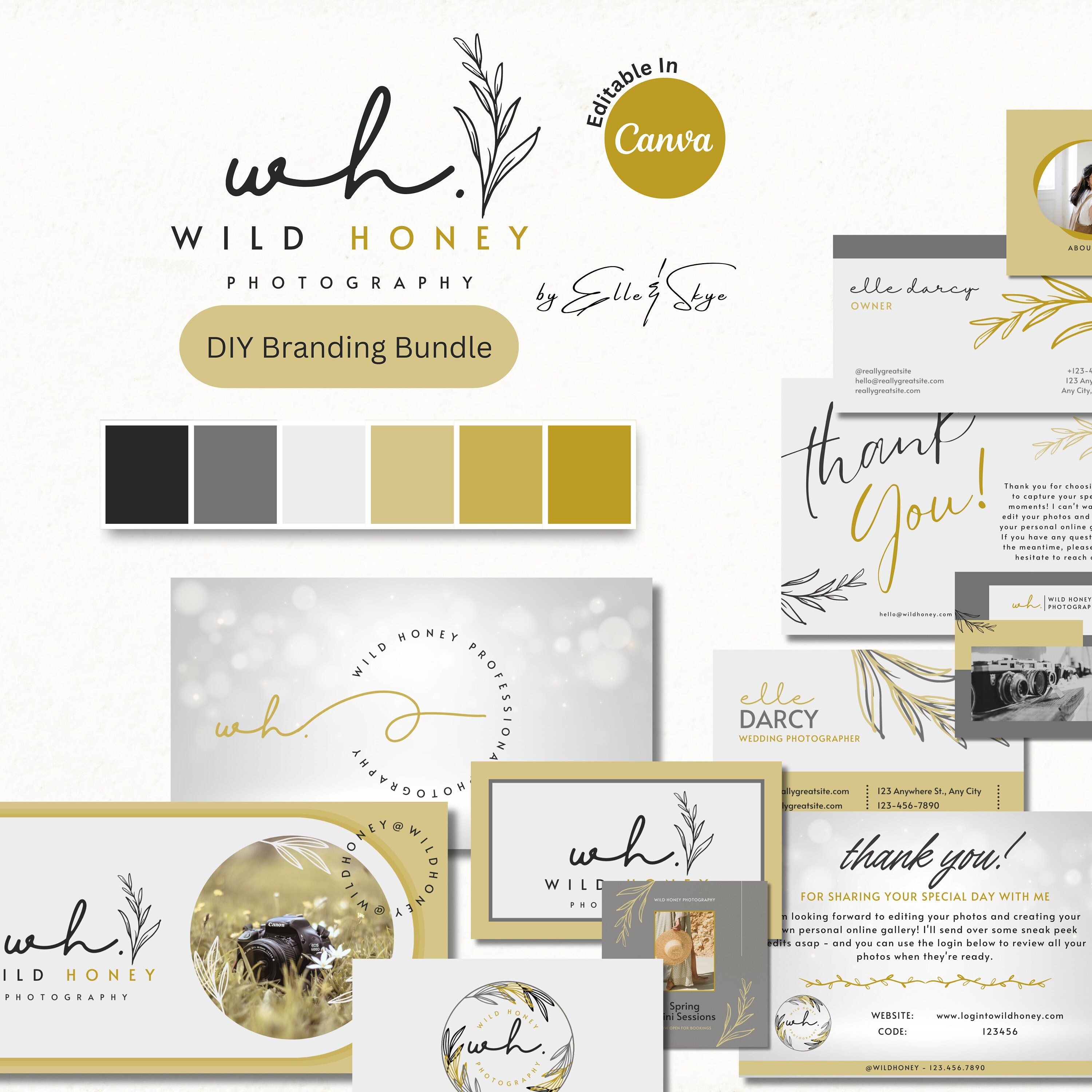 Branding Bundle Wild Honey Bohemian DIY Canva Boho Logo Templates, Editable Business Cards, Thank You Cards, Branded Social Media Resources