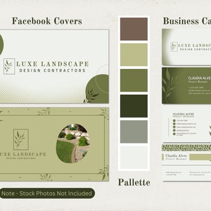 May include: A green and white business card design template with a leafy branch motif. The card features the text "LUXE LANDSCAPE DESIGN CONTRACTORS" and "CLAUDIA ALVES Project Manager". The design also includes a color palette with shades of green and brown.