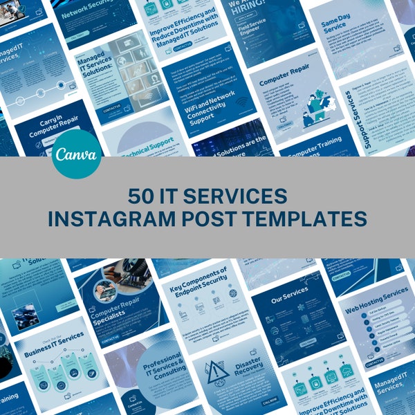 50 IT Services Instagram Post Templates for Canva | Computer Repair Cybersecurity Software Instagram | Information Technology Social Media