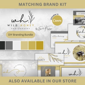 May include: A branding kit for a photography business called "Wild Honey Photography by Elle Darcy". The kit includes a logo, colour palette, and business card templates. The logo features a handwritten "wh" with a floral design. The colour palette includes black, grey, white, and two shades of gold. The business card templates are editable in Canva.
