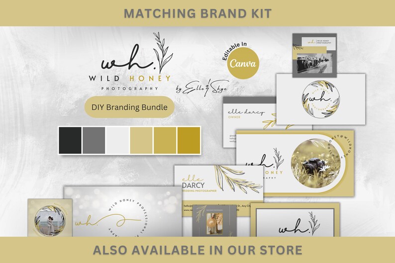 May include: A branding kit for a photography business called "Wild Honey Photography by Elle Darcy". The kit includes a logo, colour palette, and business card templates. The logo features a handwritten "wh" with a floral design. The colour palette includes black, grey, white, and two shades of gold. The business card templates are editable in Canva.