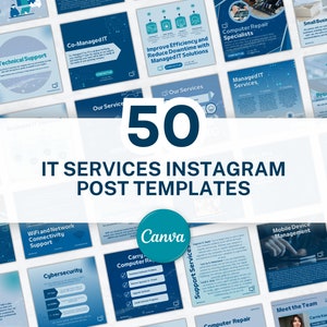 Può includere: Una raccolta di 50 modelli di post di Instagram per servizi IT. I modelli sono disposti in una griglia con uno schema di colori blu e bianco. Ogni modello presenta testo e grafica relativi ai servizi IT.