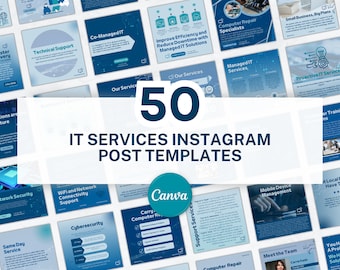 以下が含まれることがあります： ITサービス用の50個のInstagram投稿テンプレートのコレクション。テンプレートは、青と白のカラースキームでグリッドレイアウトになっています。各テンプレートには、ITサービスに関連するテキストとグラフィックが含まれています。