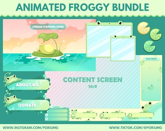 Animated Kawaii Frog Twitch Stream Package: Overlays, Screens, Panels, Badges