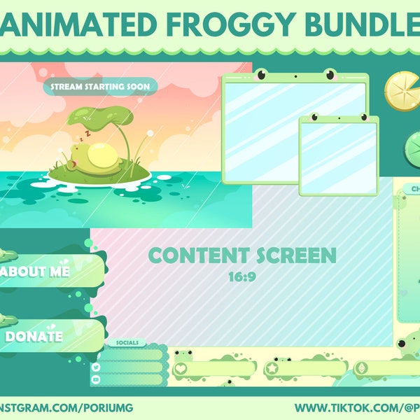 Animated Kawaii Frog Twitch Overlay | Twitch Screens | Twitch Froggy | Frog Panels | Stream Package | Sub Badges | Cute | Froggy | Green