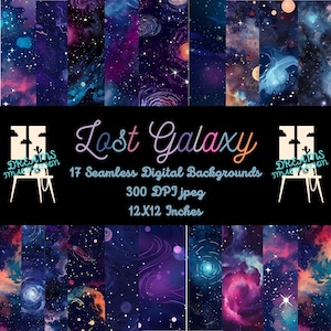 May include: A digital download of 17 seamless space-themed backgrounds. The backgrounds feature a variety of colors, including blue, purple, pink, and orange. The backgrounds are perfect for use in digital scrapbooking, card making, and other creative projects. The text "Lost Galaxy" is displayed in a colorful font. The text "17 Seamless Digital Backgrounds" is displayed in a white font. The text "300 DPI jpeg" is displayed in a white font. The text "12X12 Inches" is displayed in a white font.
