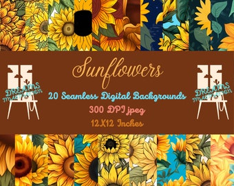 Può includere: 20 motivi di girasole digitali senza cuciture in vari colori e stili. Ogni motivo è di 12x12 pollici e 300 DPI. Il testo "Sunflowers" è nella parte superiore dell'immagine. Il testo "20 Seamless Digital Backgrounds" è sotto la parola "Sunflowers". Il testo "300 DPI jpeg" è sotto il testo "20 Seamless Digital Backgrounds". Il testo "12X12 Inches" è sotto il testo "300 DPI jpeg".