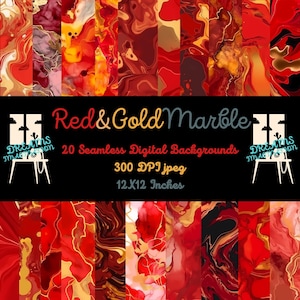Red and Gold Marble Digital Paper: 20 Seamless Patterns (12x12, 300 dpi JPG)
