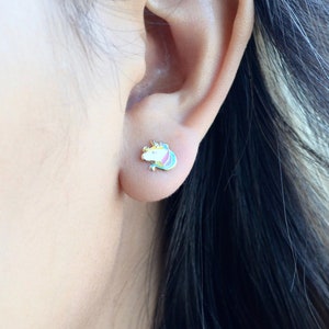 Adorable unicorn stud earrings 14k gold solid with screw backings