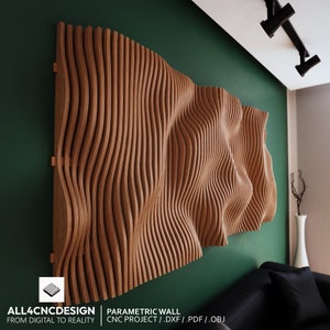 Puede incluir: Un panel de pared de madera con un diseño ondulado y orgánico. El panel está hecho de finas tiras de madera que están dispuestas en un patrón que crea un efecto tridimensional. El panel está montado en una pared verde.