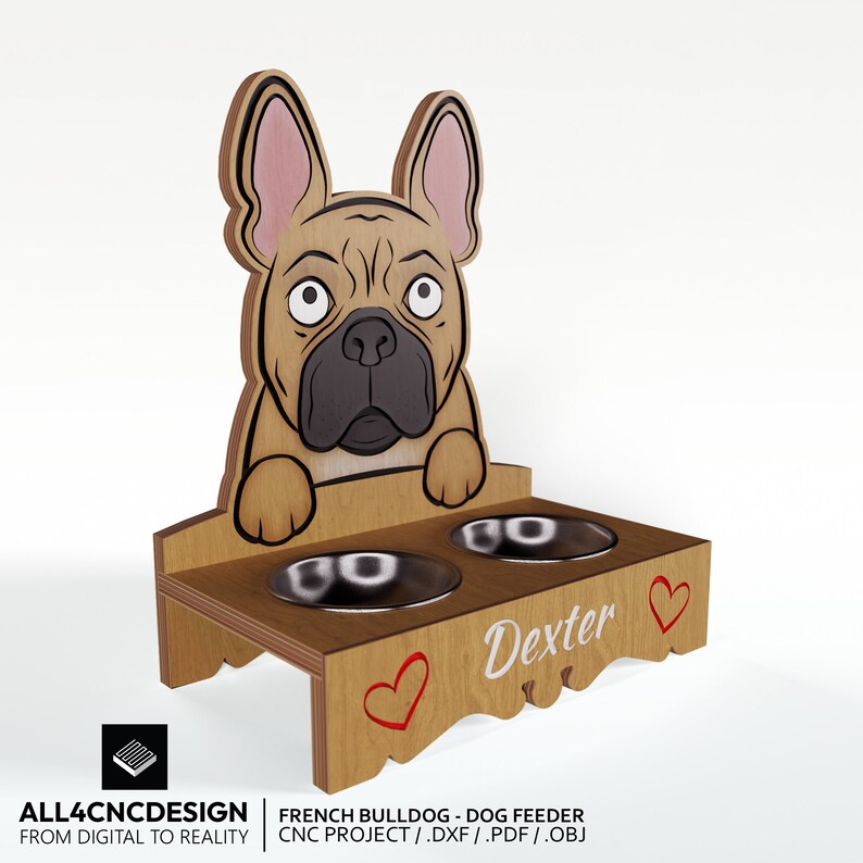 Cnc Woodworking Plan And Cut file - Plywood Or Wood Carved Dog Bowl Holder With Pattern Of A French Bulldog Image 001