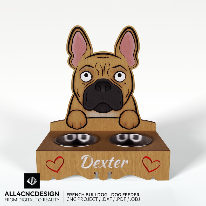 Cnc Woodworking Plan And Cut file - Plywood Or Wood Carved Dog Bowl Holder With Pattern Of A French Bulldog Image 002