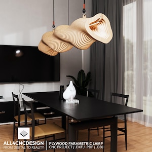 May include: A wooden, parametric lamp with a swirling design hangs over a black dining table with four chairs. The lamp is made of plywood and has a natural wood finish. The text "ALL4CNCDESIGN" and "PLYWOOD PARAMETRIC LAMP" is visible in the image.