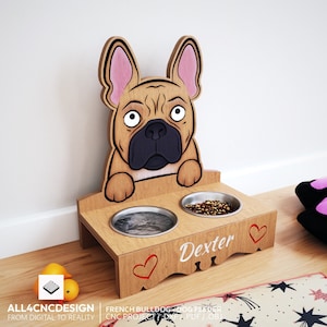 Cnc Woodworking Plans And Cut files - Plywood Or Wood Carved Dog Bowl Holder With Pattern Of A French Bulldog