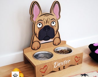 Cnc Woodworking Plans And Cut files - Plywood Or Wood Carved Dog Bowl Holder With Pattern Of A French Bulldog