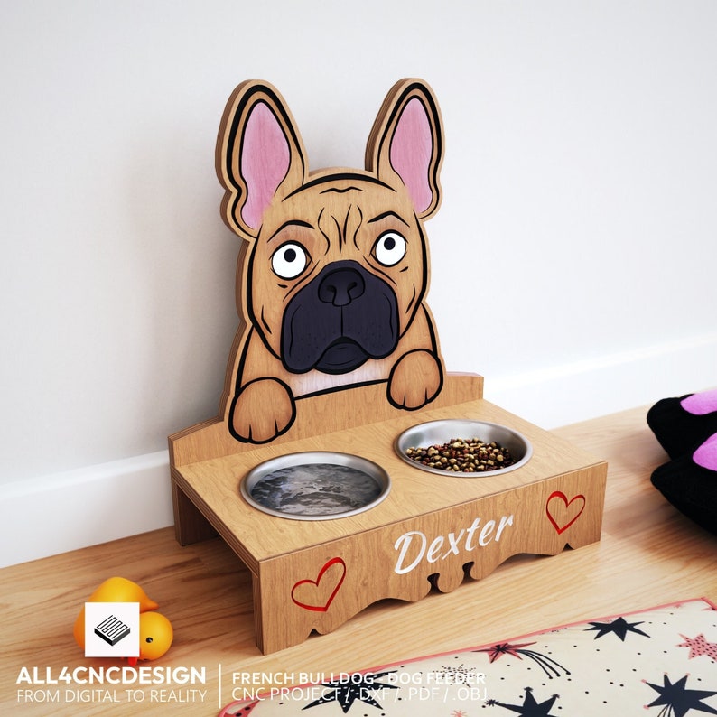 Cnc Woodworking Plan And Cut file - Plywood Or Wood Carved Dog Bowl Holder With Pattern Of A French Bulldog Image 004