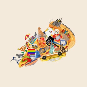 New York City Essence Art Print – Iconic NYC Collage on a Pizza Slice – Premium Wall Art Featuring Bodega Cat, Taxi & More