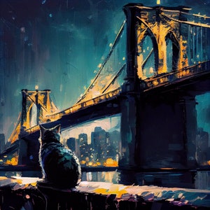 New York Bodega Cat Art Print, Krajobraz miejski Brooklyn Bridge, Miejski wystrój domu