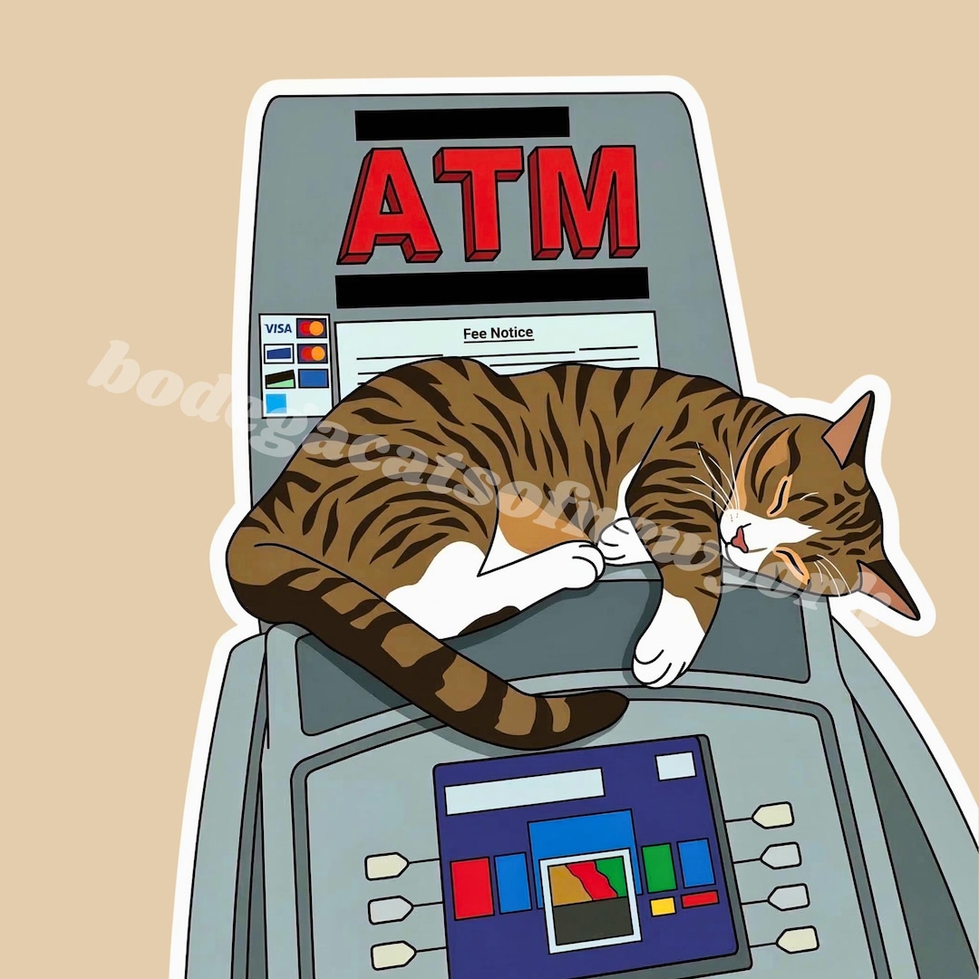 Bodega Cat Sleeping on ATM Print, NYC Illustration, Funny Cat Wall Art ...