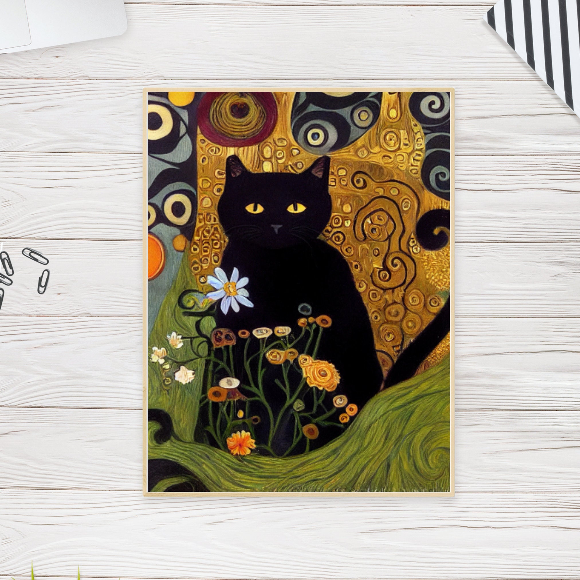 クリムト風黒猫アートプリント - 花柄ガーデン猫好きへのギフト - Etsy