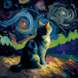 Sternenklare Nacht Katze Kunstdruck - Van Gogh inspirierte Wanddekoration, einzigartige Tierkunst, lebendiger wirbelnder Himmel - perfektes Geschenk für Katzenliebhaber
