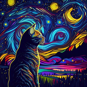 Sternenklare Nacht Katze Kunstdruck - Van Gogh inspirierte Wanddekoration, einzigartige Tierkunst, lebendiger wirbelnder Himmel - perfektes Geschenk für Katzenliebhaber