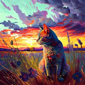 Starry Night Cat Art Print - Van Gogh Inspired Wall Decor, Unique Animal Art, Vibrant Swirling Sky - Perfect Gift for Cat Lovers