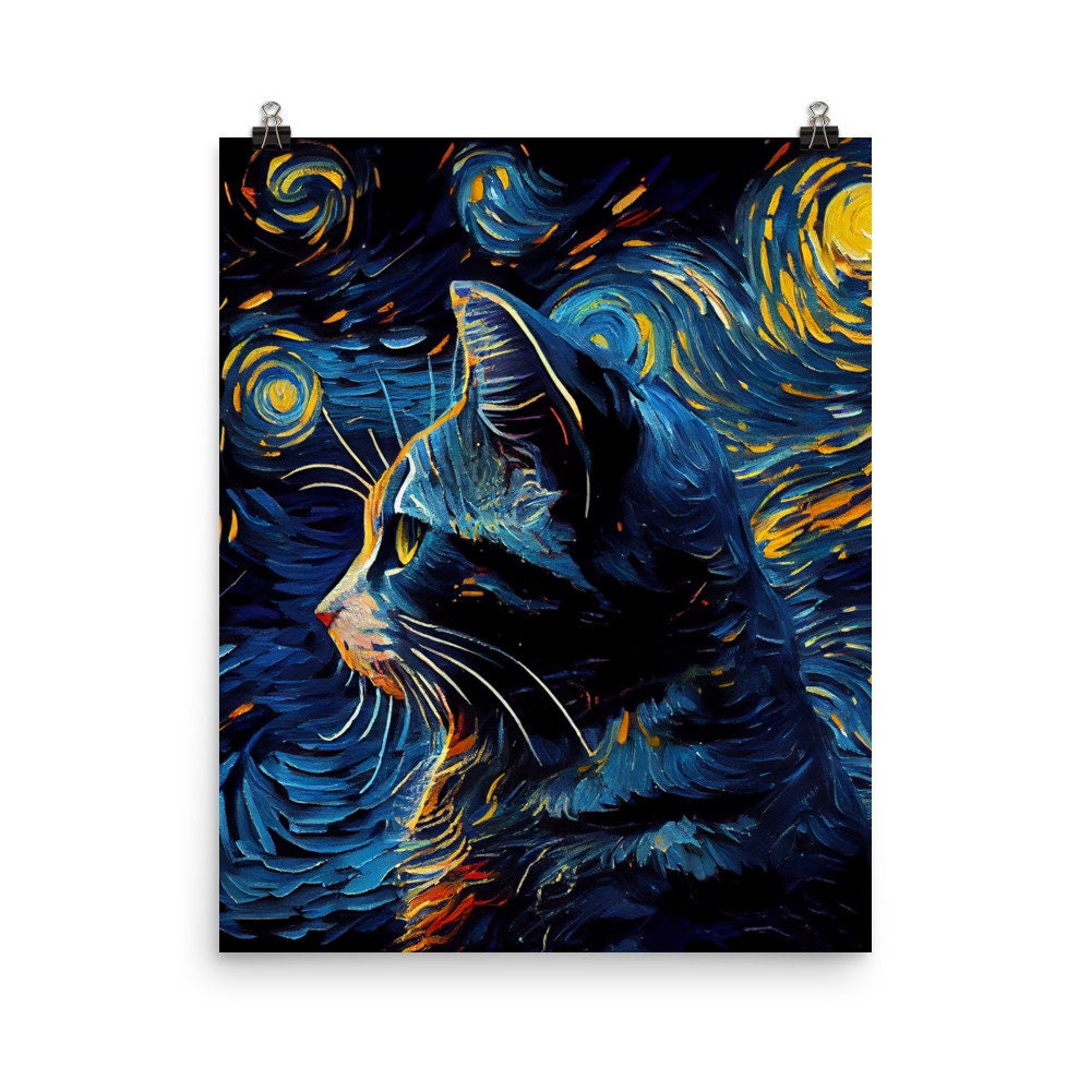 星月夜の猫のアートプリント - ゴッホにインスパイアされたユニークな