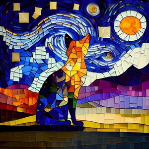 Sternenklare Nacht Katze Kunstdruck - Van Gogh inspirierte Wanddekoration, einzigartige Tierkunst, lebendiger wirbelnder Himmel - perfektes Geschenk für Katzenliebhaber