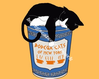 Bodega Cat Art Print, NYC Tuxedo Cat, Coffee Cup Poster