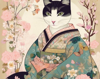 Cat Geisha Elegance: Enchanting Illustration, Traditional Silk Kimono, Intricate Floral Patterns, Serene Japanese Garden - Art Print