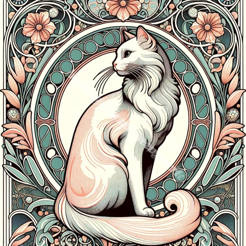 Art Nouveau Inspired Cat Art Print 20th-century Art Nouveau Gallery Wall Art Alphonse Mucha Inspired Active Photos image 1