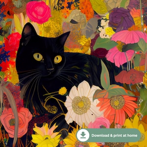 DIGITALE DOWNLOAD | Gustav Klimt Garden Style Cat Print - Klimt Bloemen Cat Poster - Grappige Zwarte Kat Kunst - Grappige Kat Cadeau - Home Decor Poster