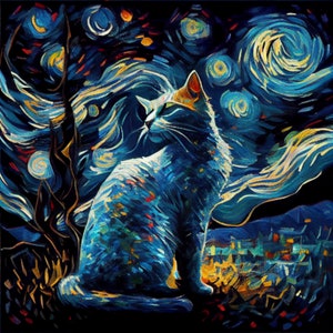 Sternenklare Nacht Katze Kunstdruck - Van Gogh inspirierte Wanddekoration, einzigartige Tierkunst, lebendiger wirbelnder Himmel - perfektes Geschenk für Katzenliebhaber