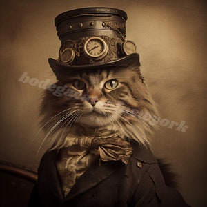 Adorable Steampunk Cat Portrait: Vintage Tin Type Photograph Art Print, Home Office Art