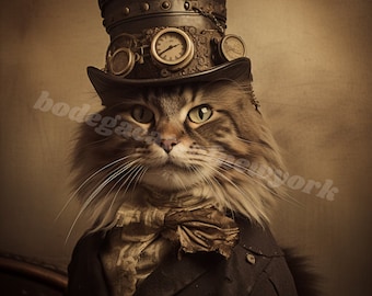 Adorable Steampunk Cat Portrait: Vintage Tin Type Photograph Art Print, Home Office Art