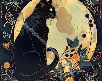 Art Nouveau-tryck med svart katt, väggkonst med blommig måne i giclée-stil